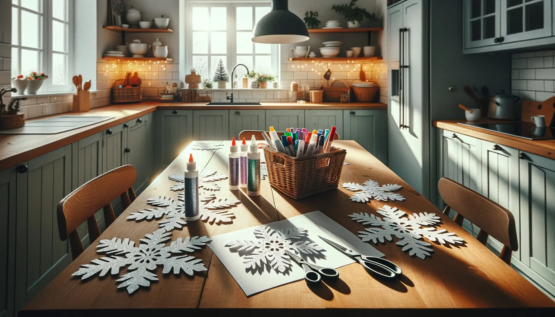 Create an image of glitter and marker-decorated paper snowflakes, alongside a pair of small safety scissors.