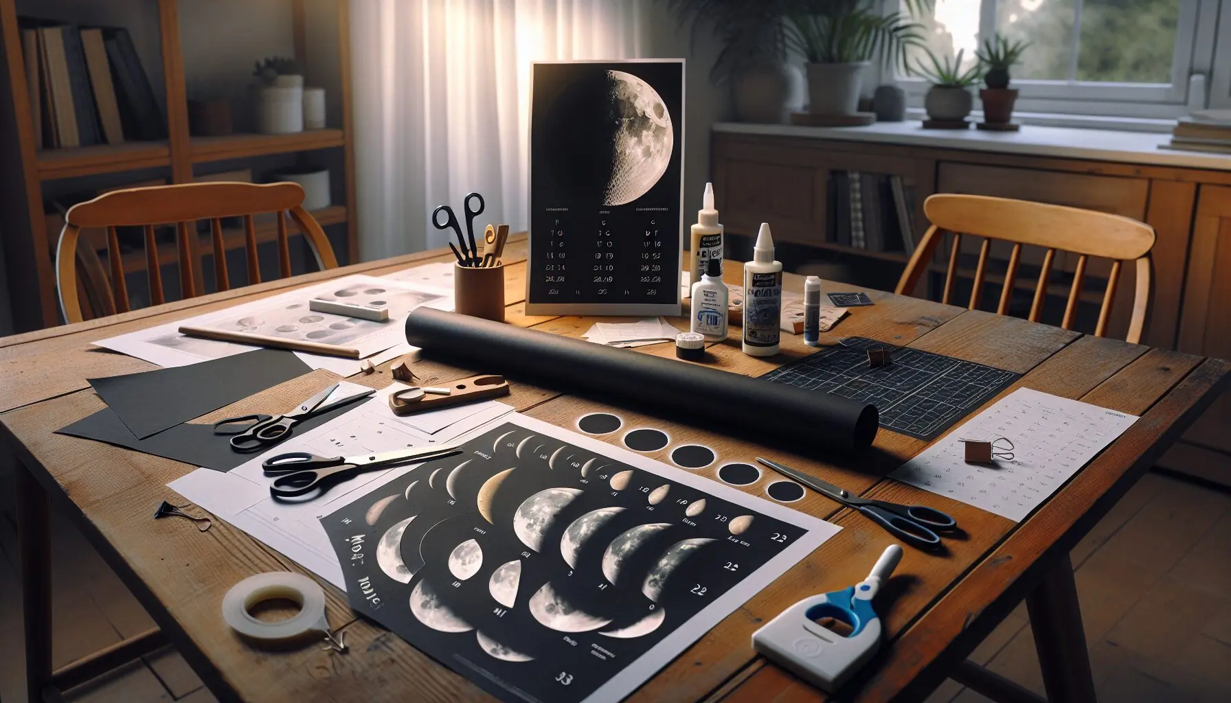 Generate an image of craft materials: black construction paper, white chalk, scissors, glue stick, and a moon phase template.