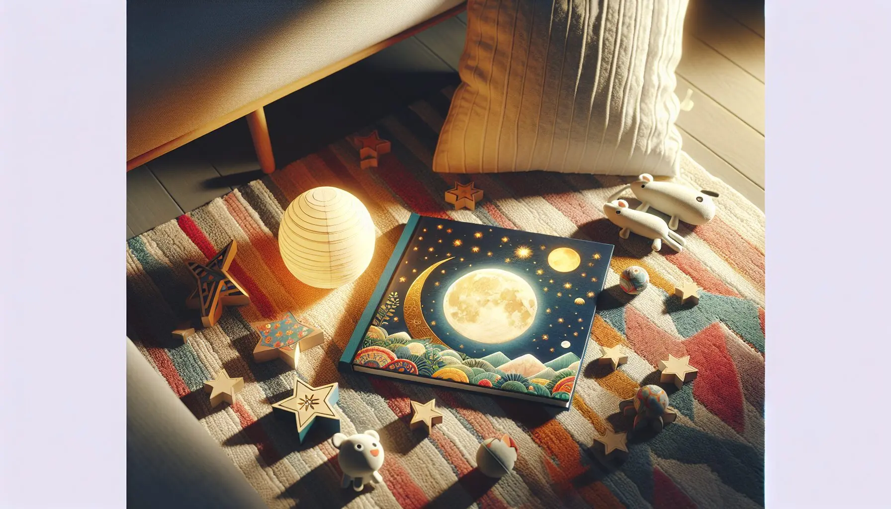 Generate an image of a colorful children's book about the Moon Festival with a few moon-themed toys.