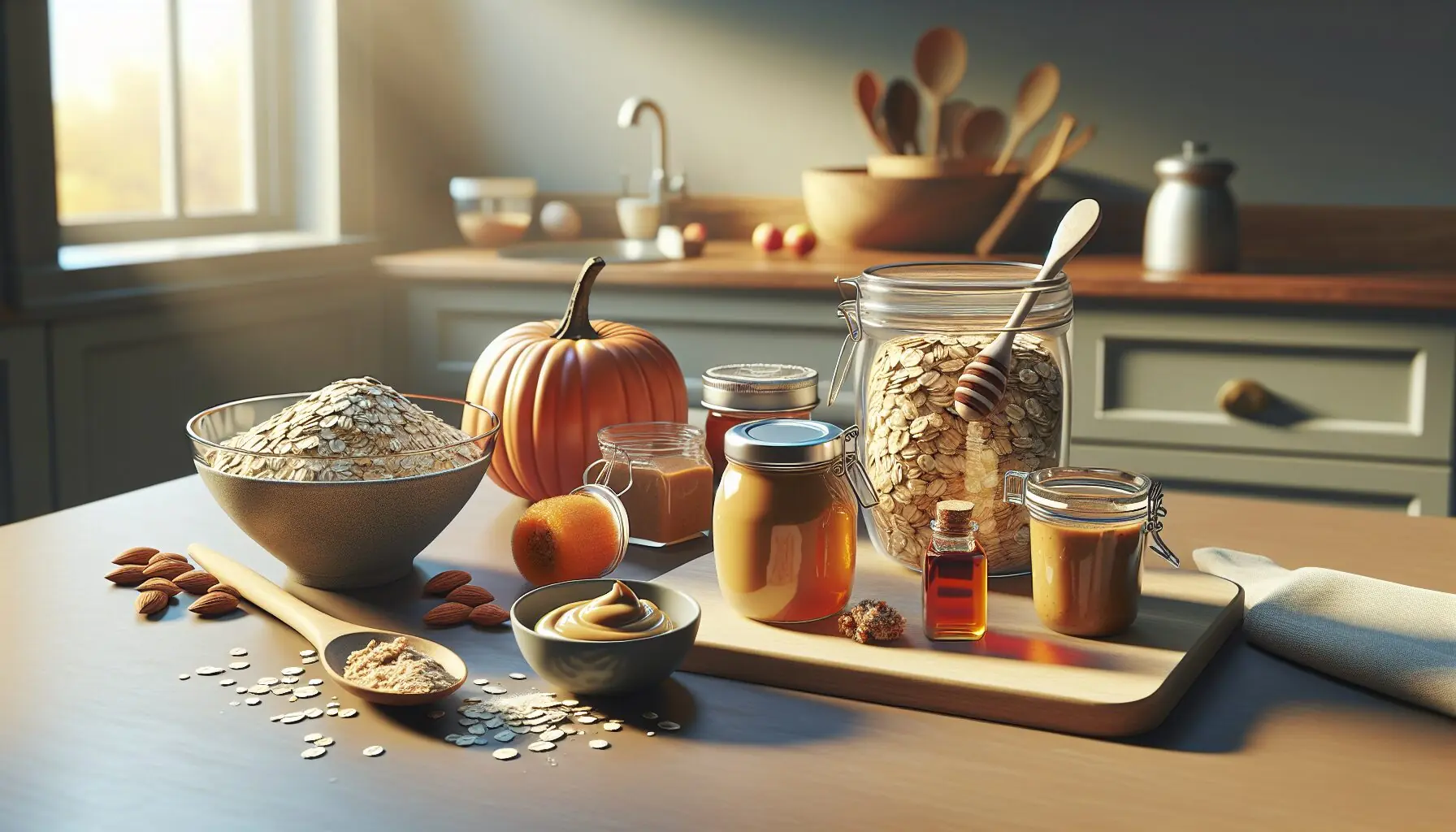 Generate an image depicting a clean kitchen counter with ingredients like oats, pumpkin puree, and almond butter ready for mixing.