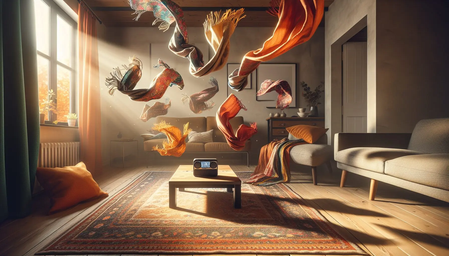 Generate an image of colorful scarves gently tossed into the air against a crisp autumn backdrop.