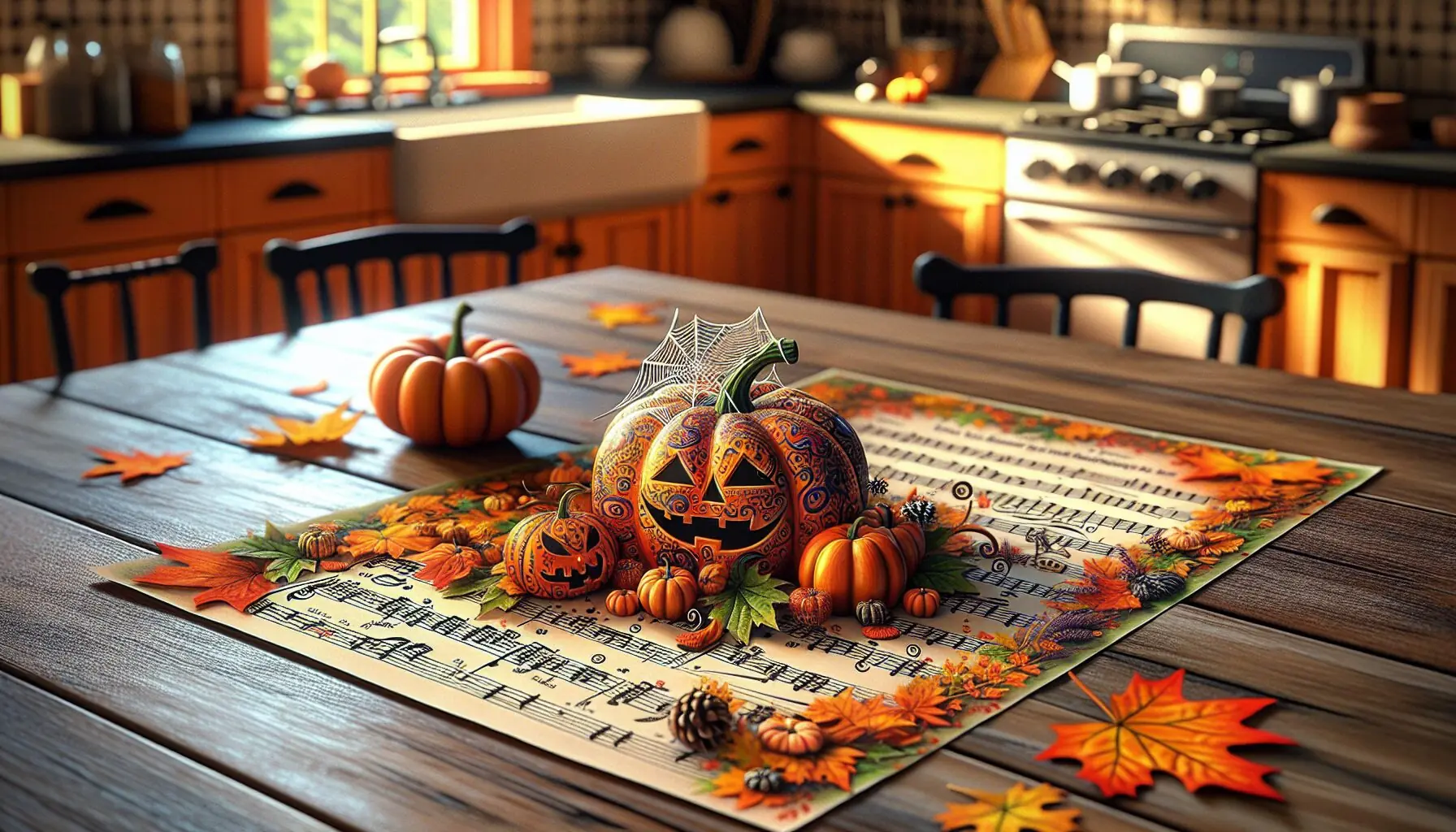 Generate an image of a colorful Halloween-themed music sheet with pumpkins and cobwebs as decoration.