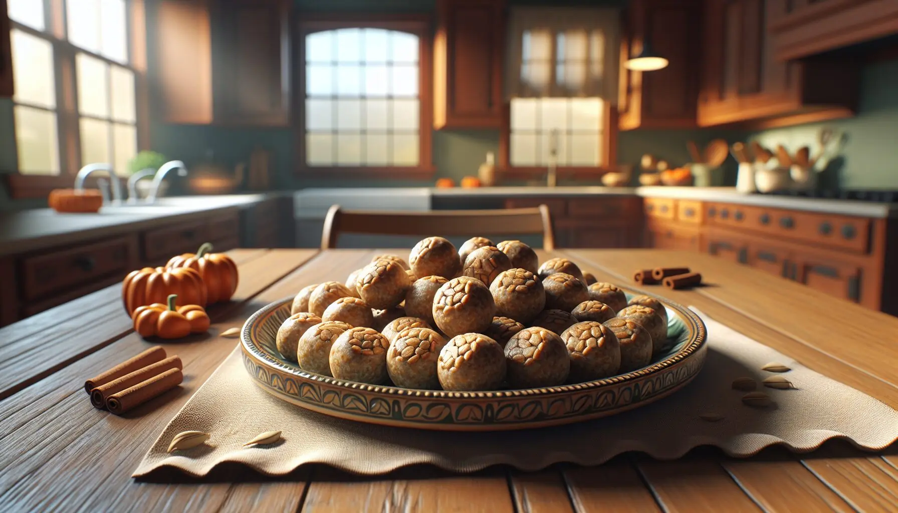 Generate an image of neatly rolled pumpkin spice energy bites arranged on a decorative plate.