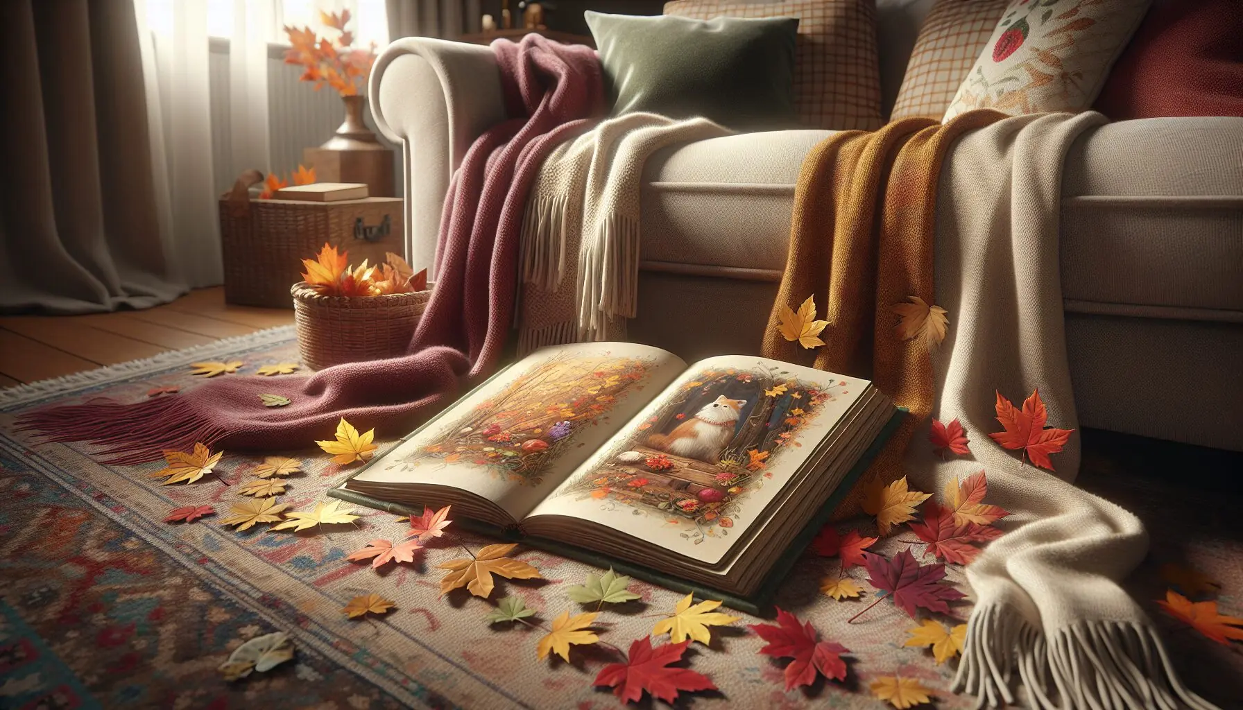 Generate an image of a living room setting with a storybook open, scarves and leaves scattered around, ready for a play.