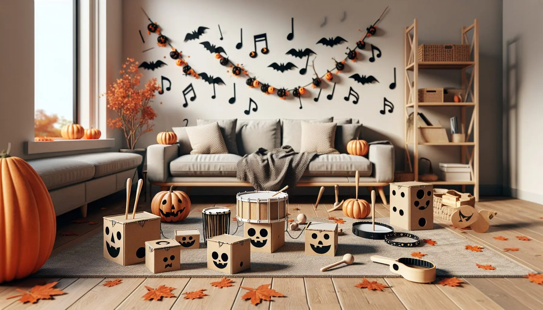 Generate an image of a cozy family setting with Halloween decorations and musical notes floating around.