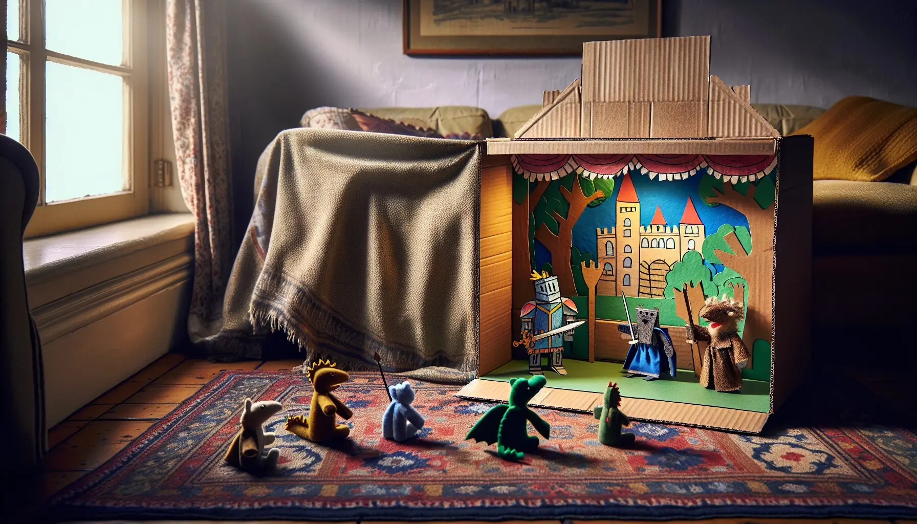 Generate an image of a child-sized theater stage with simple puppet characters and background scenery.