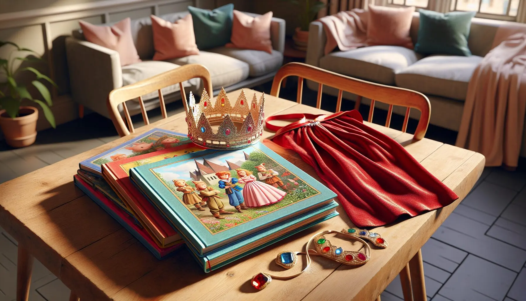 Generate an image of a selection of colorful fairytale books and simple costume props like a crown and a cape laid on a table.