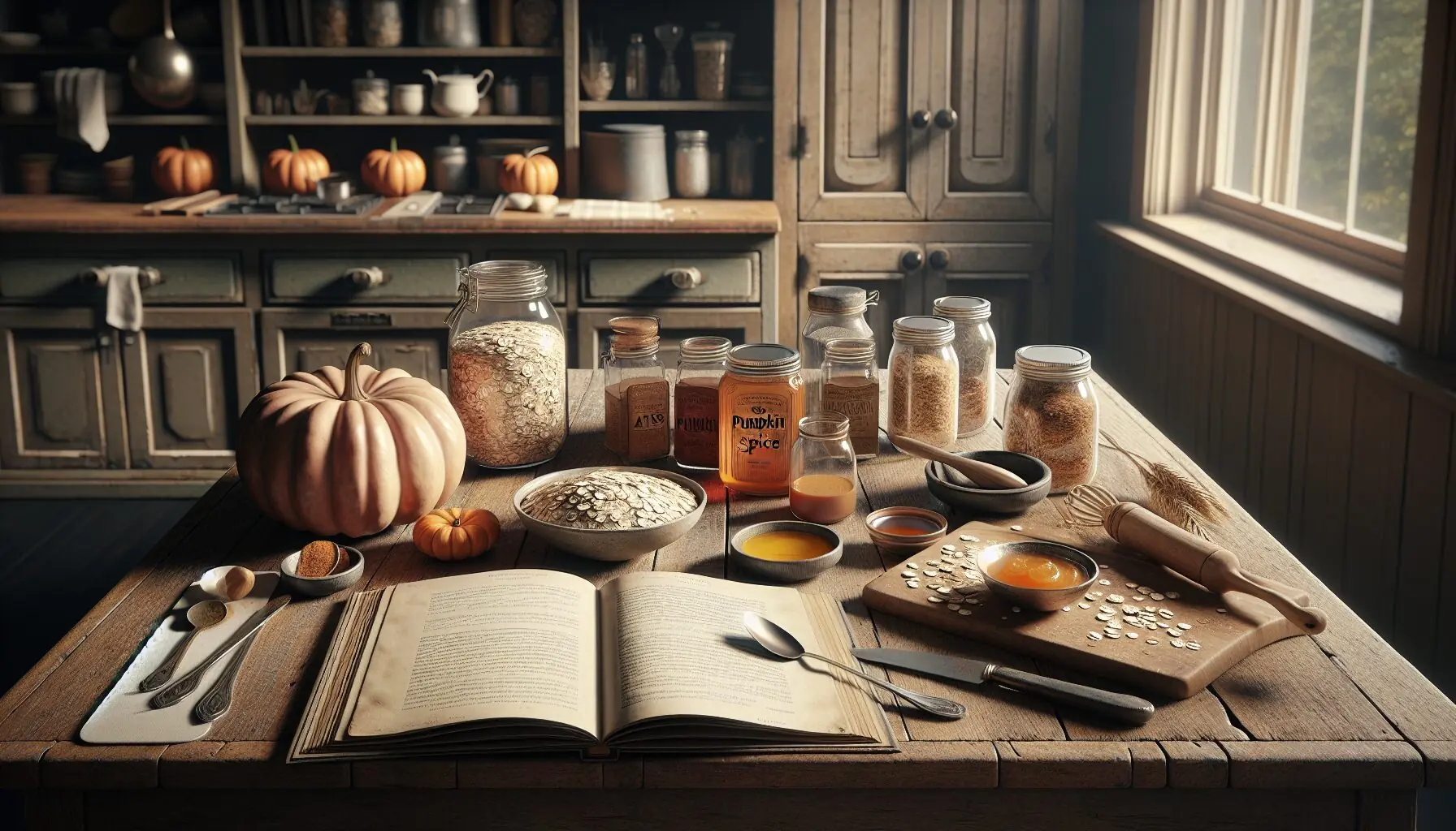 Generate an image of a family kitchen filled with laughter, showcasing random ingredients on the counter and a family recipe book.