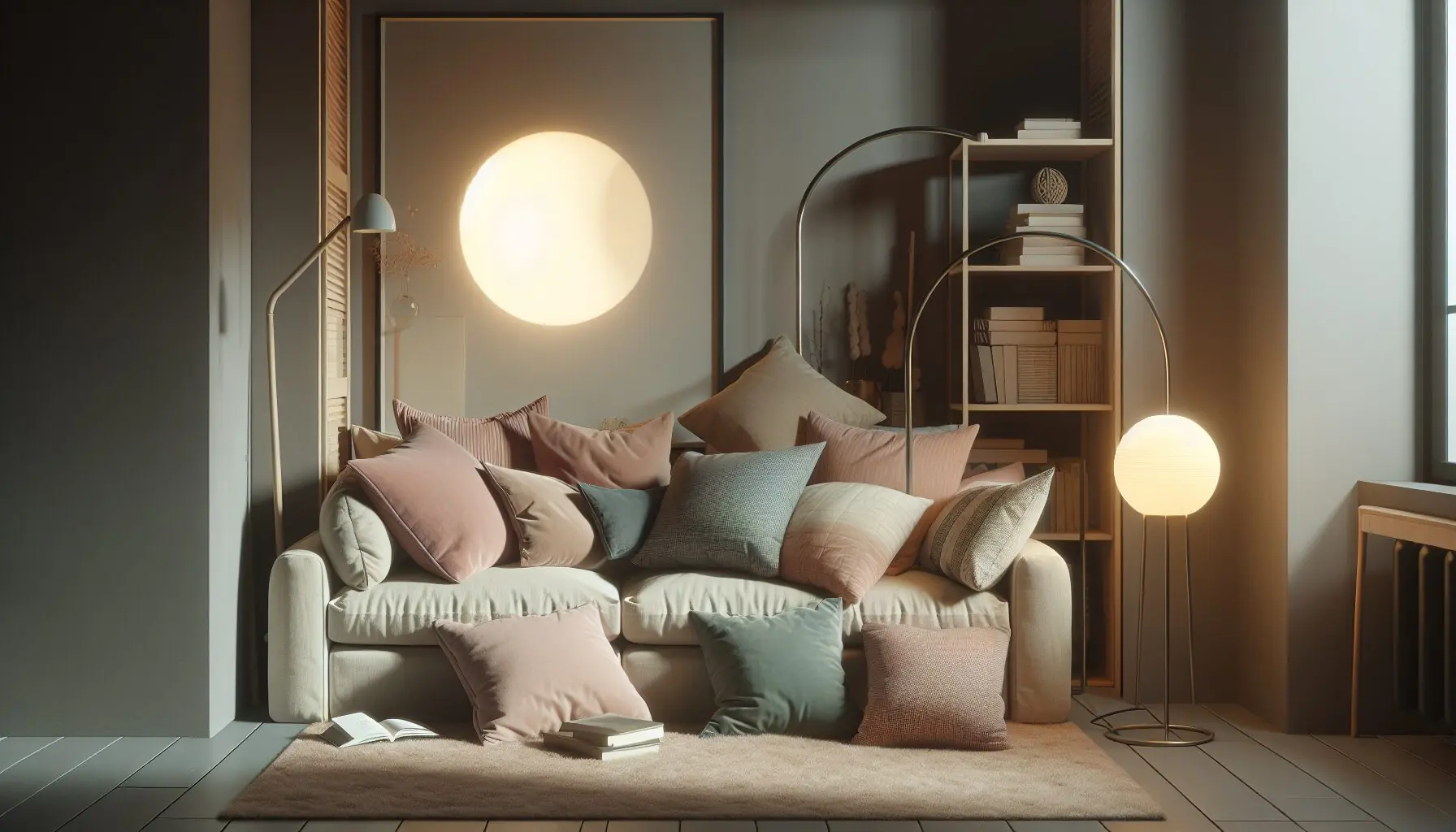 Generate an image of a cozy reading nook with soft cushions and a glowing moon lamp.