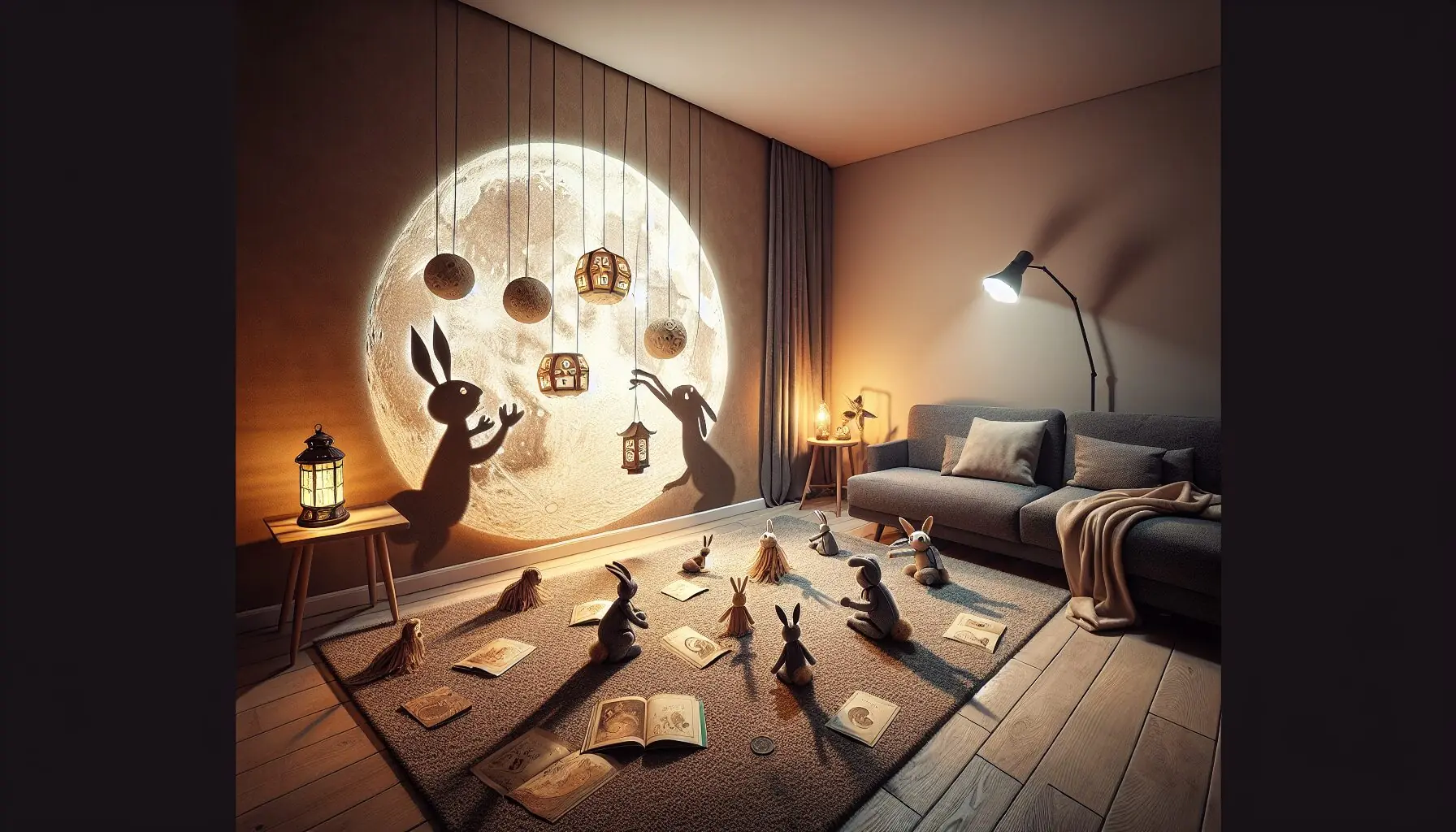 Generate an image of shadow puppets creating a moon scene on a wall illuminated by a warm light.