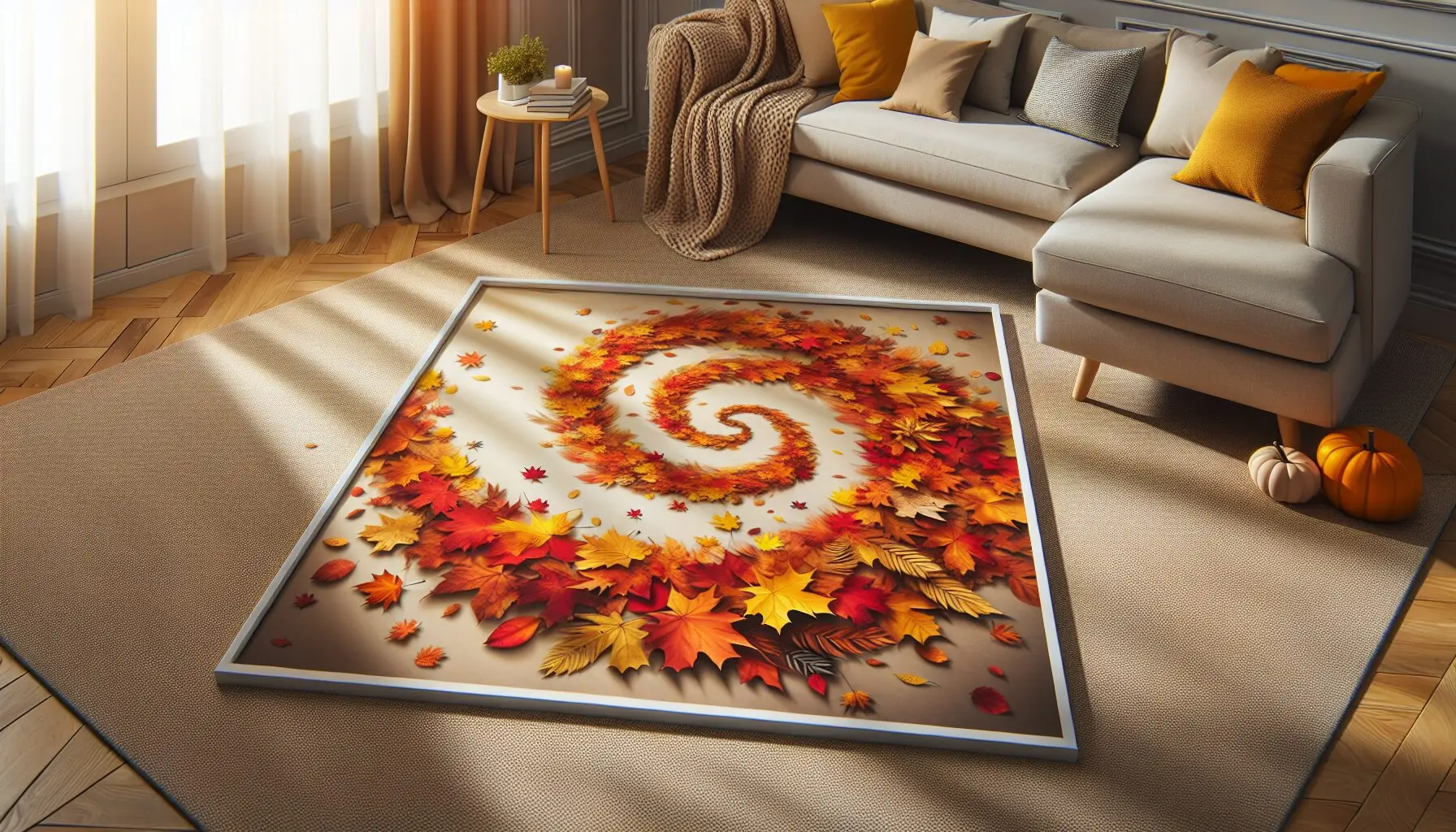 Generate an image of swirling autumn leaves in a variety of fall colors.