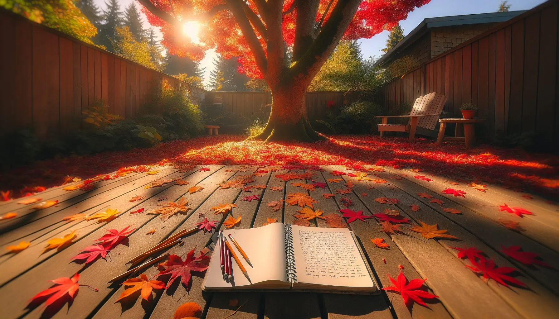 Generate an image of kids sitting under a tree with notebooks, jotting notes or drawing, surrounded by autumn leaves.