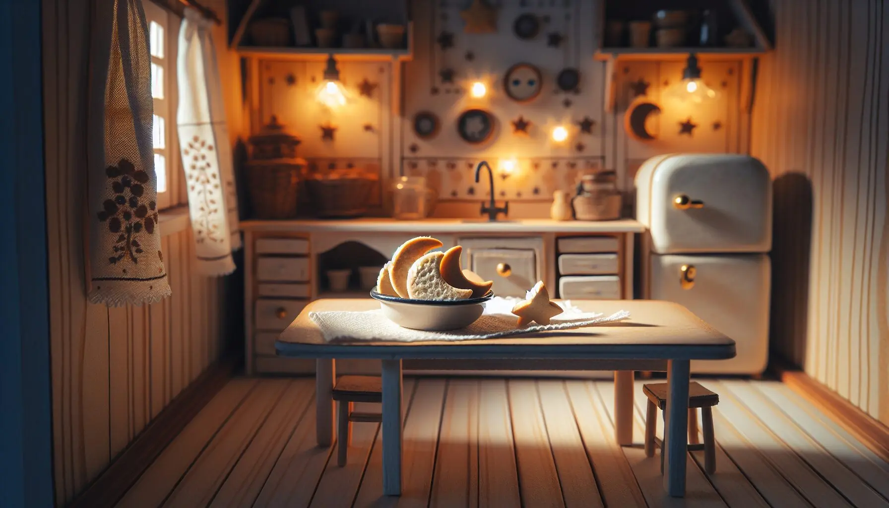 Generate an image of moon-shaped cookies on a small plate next to a storytelling backdrop with subtle lunar decorations.