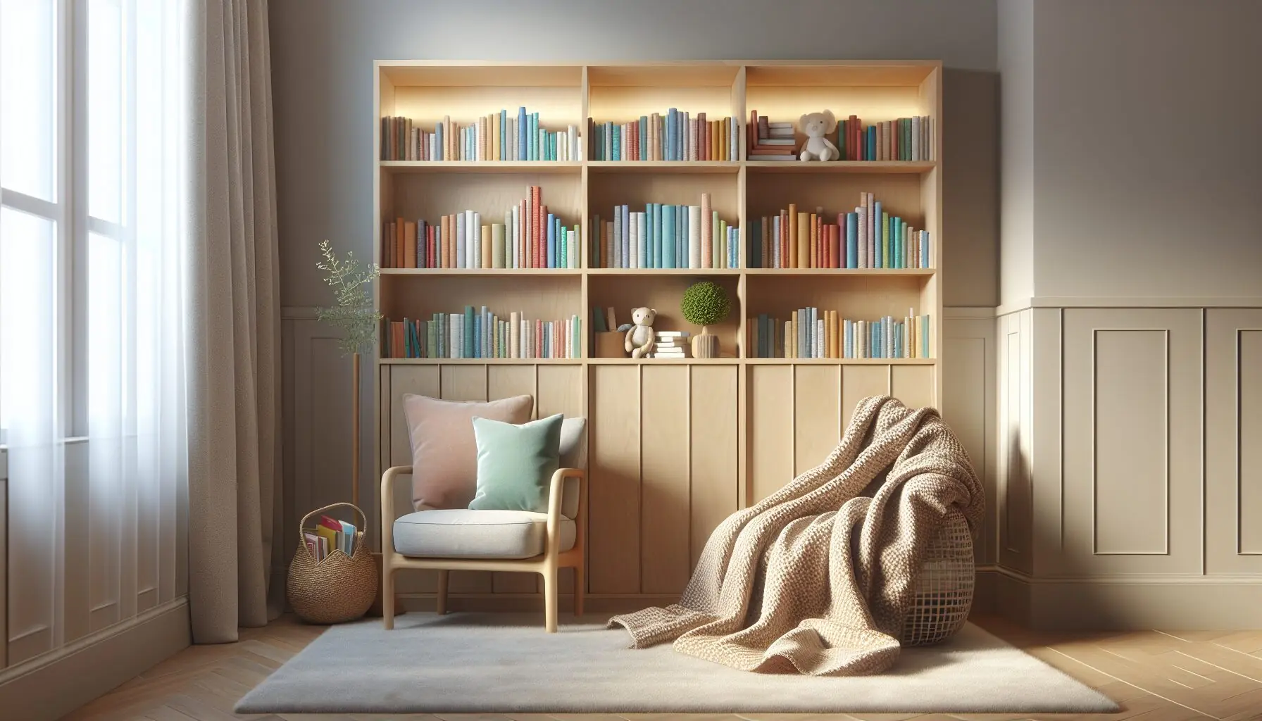Generate an image of an inviting reading nook with a small bookshelf and a cozy blanket draped over a chair.