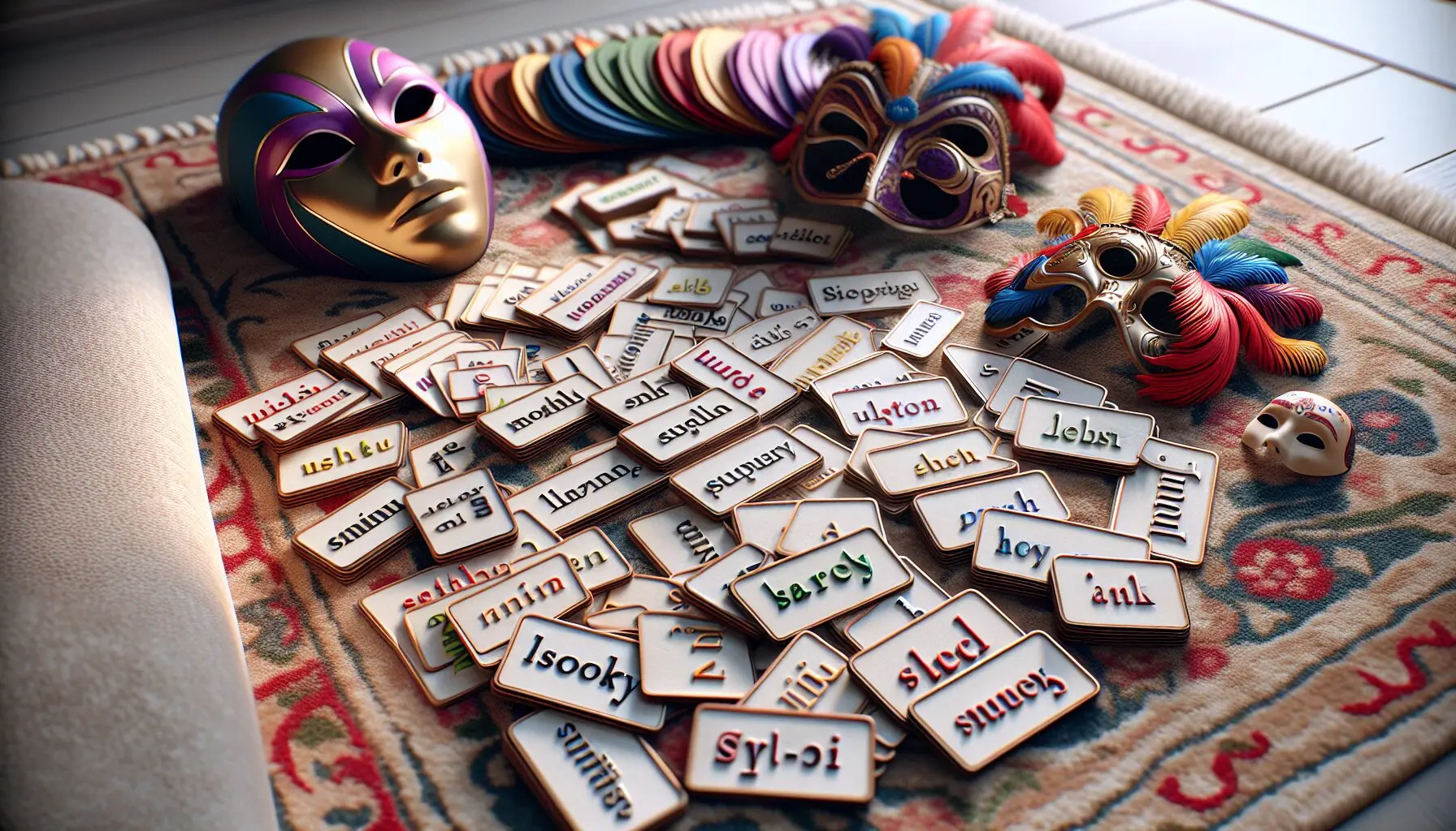 Generate an image highlighting colorful multilingual word cards and facial expressions depicting characters from a story.