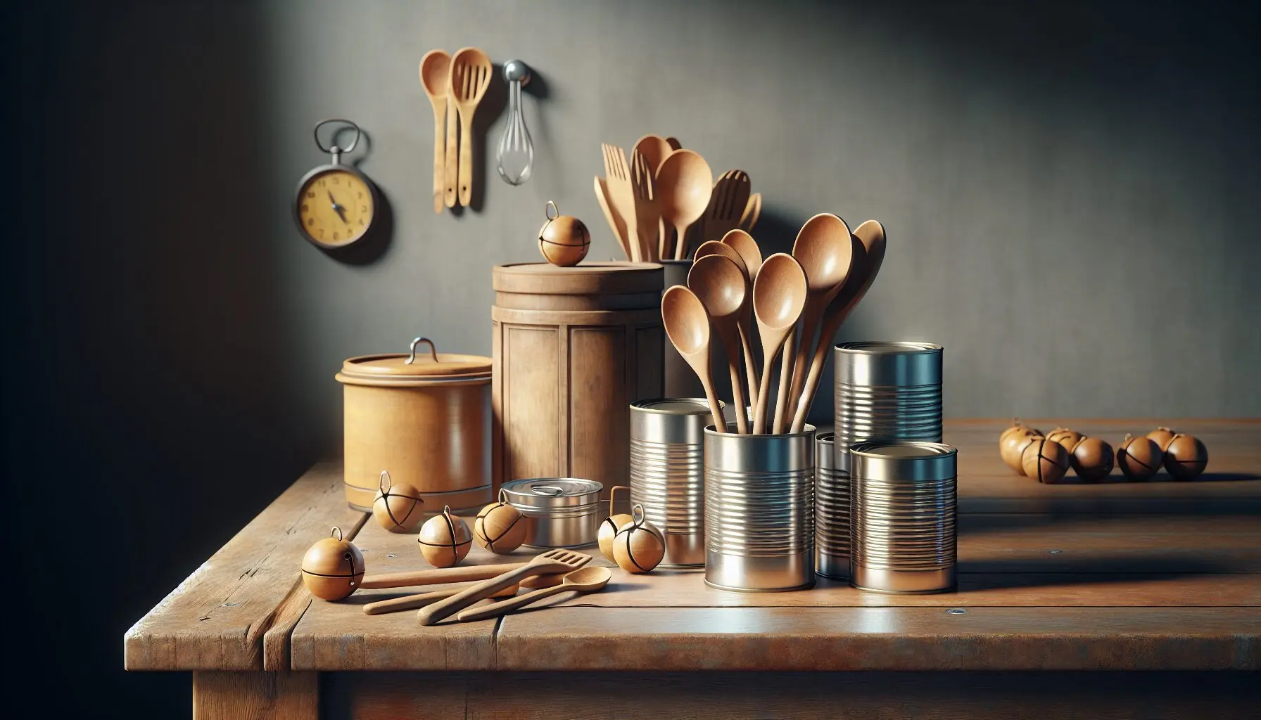 Generate an image of a variety of household items like tin cans, wooden spoons, and bells arranged in a creative, playful setup.