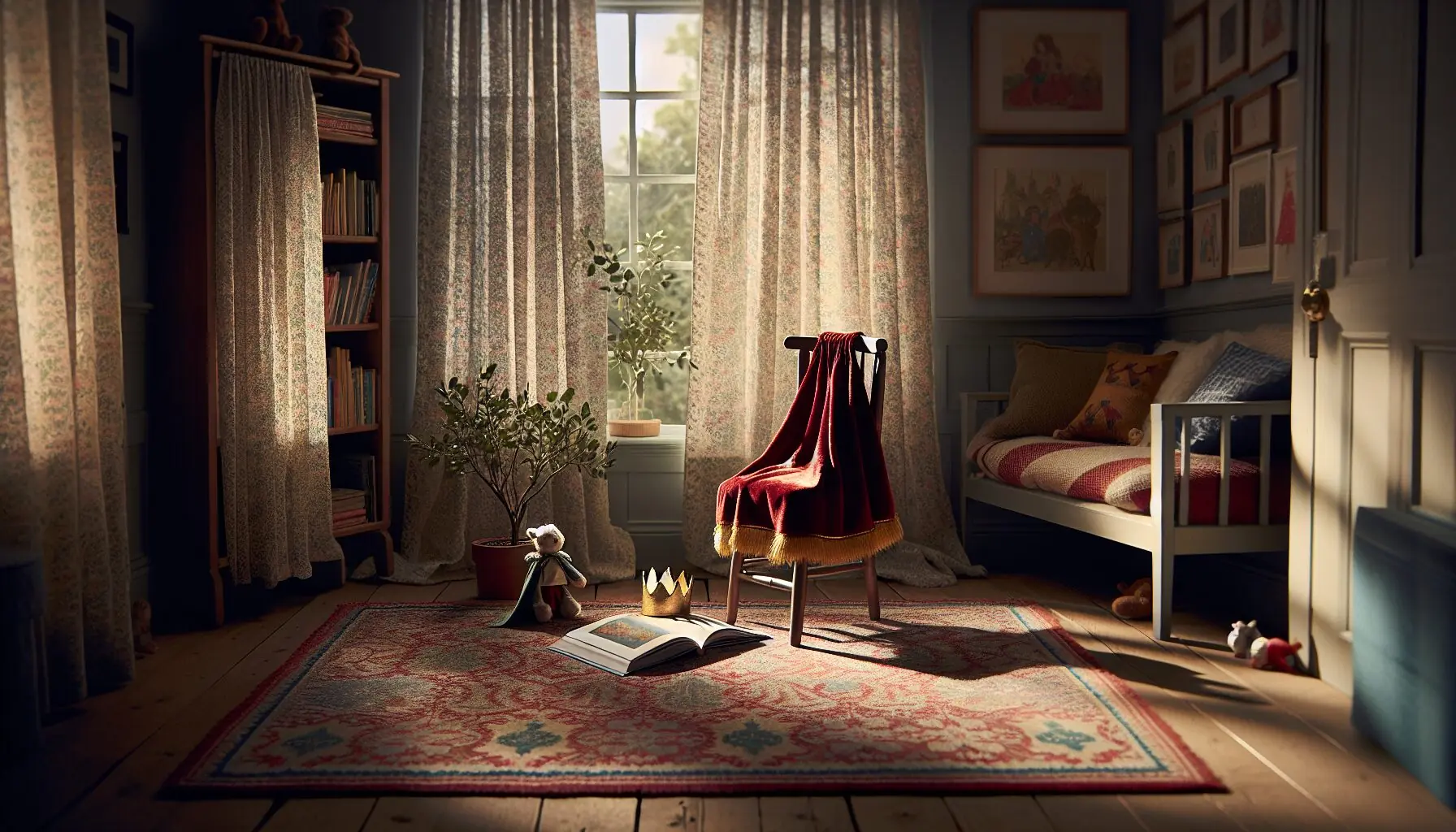 Generate an image of a cozy living room with a small stage setup, featuring storybooks and costume props scattered creatively around.