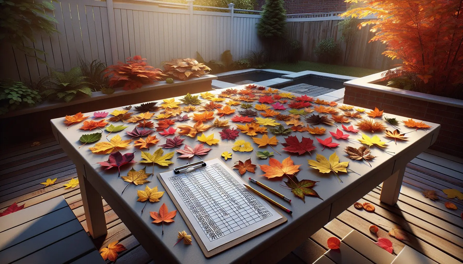 Generate an image of a child pointing at different colored leaves on a tree branch while holding a tally sheet.