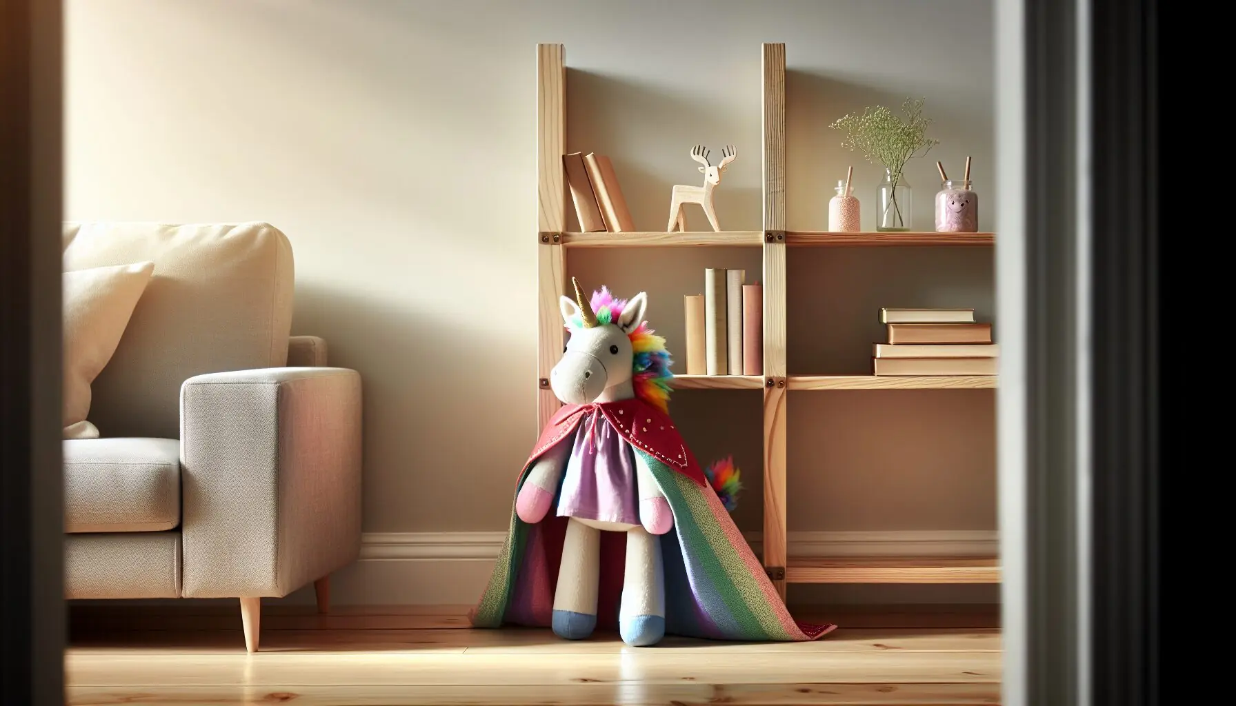 Create a whimsical scene of a stuffed animal in a makeshift cape sitting atop a bookshelf, in a playful pose.