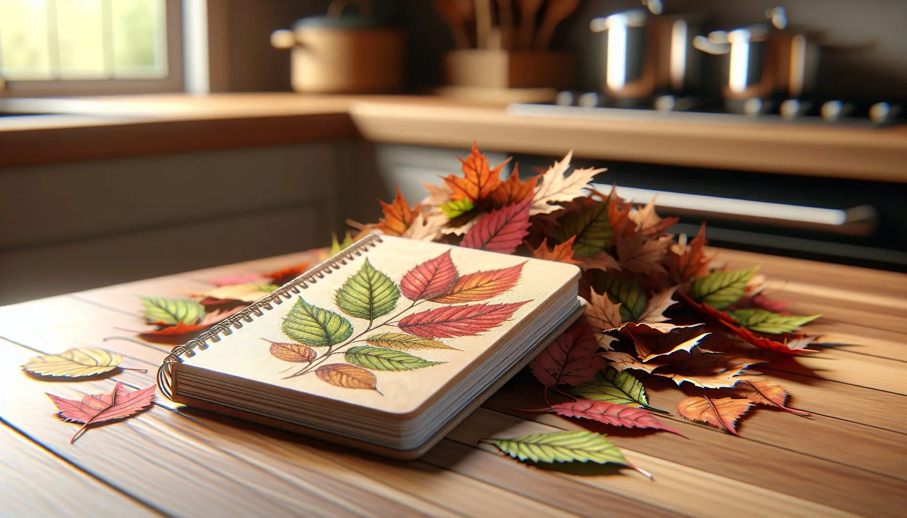 Generate an image of a small notepad with colorful leaf illustrations drawn on it, next to a collection of fallen leaves.
