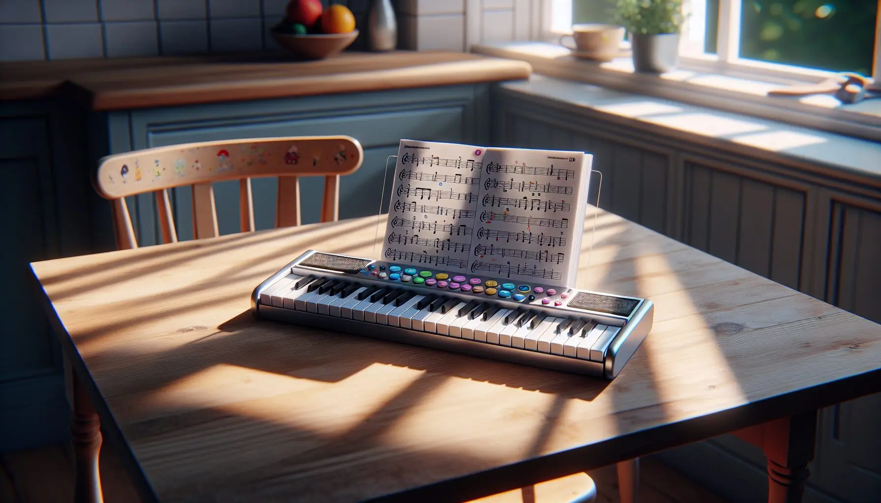 Generate an image of a parent and child happily engaging in a simple music activity, with playful notes and colorful stars floating around.