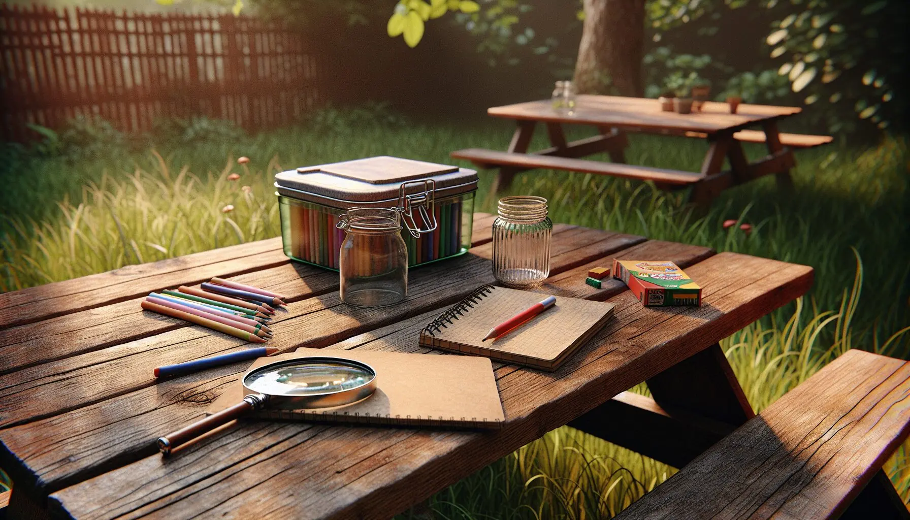 Create an image featuring a magnifying glass, paper, crayons, and a small jar placed on a picnic table, set up for insect observation.