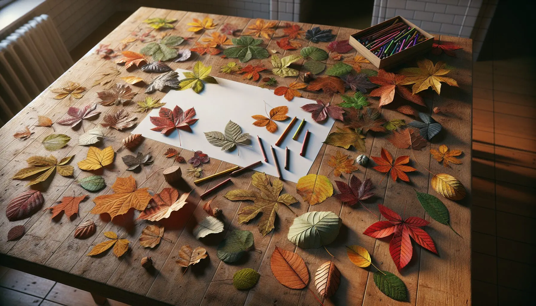 Generate an image of white paper and crayons laid out next to an assortment of leaves.