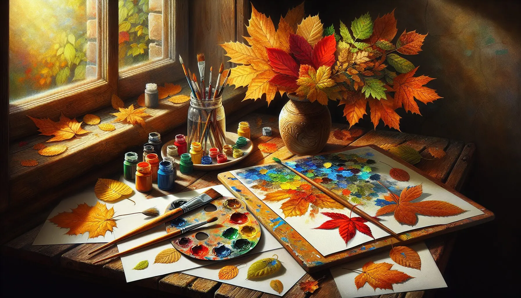 Generate an image of an artist's palette with mixed paints in leaf colors, complete with brushes and a child-friendly setting.