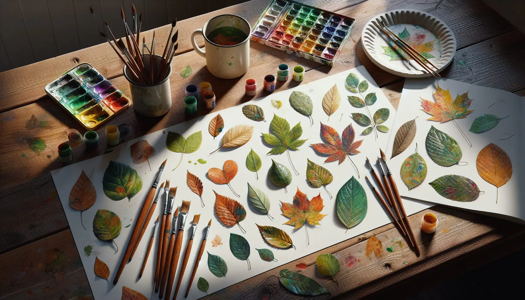 Generate an image illustrating child-made leaf artwork using paint, displaying vibrant colors and imaginative details.