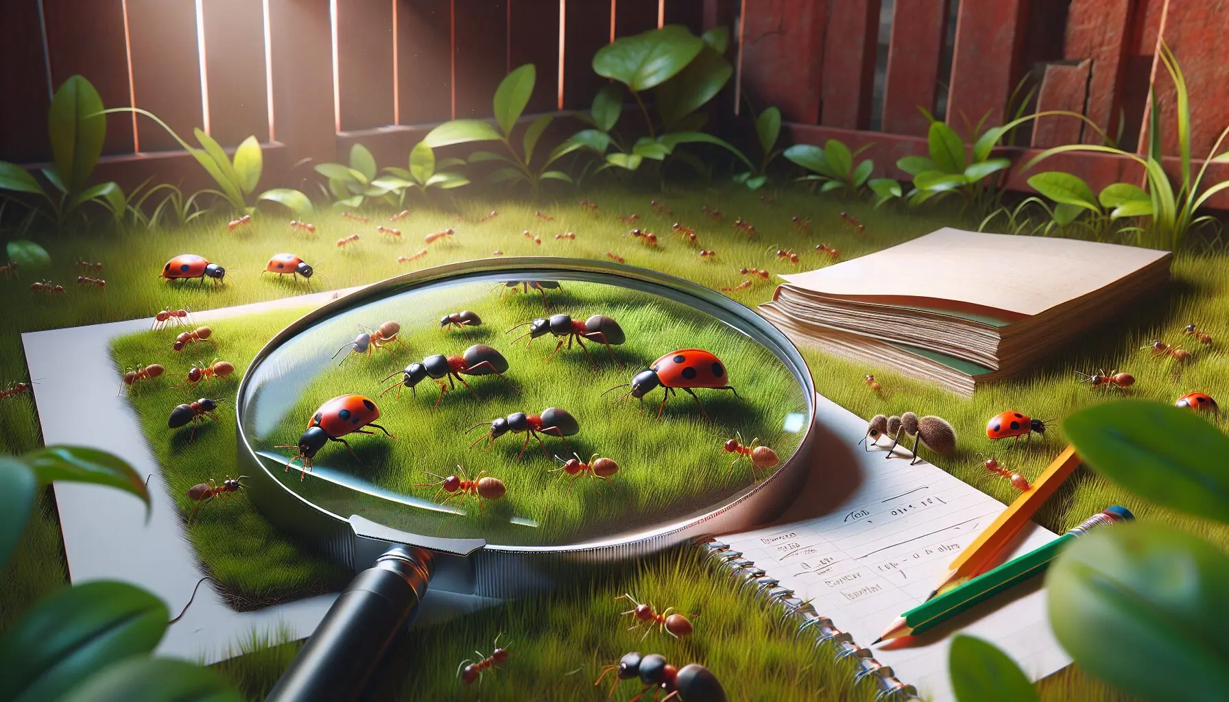 Visualize a lively scene showing a variety of insects such as ants and ladybugs on a background of lush grass.