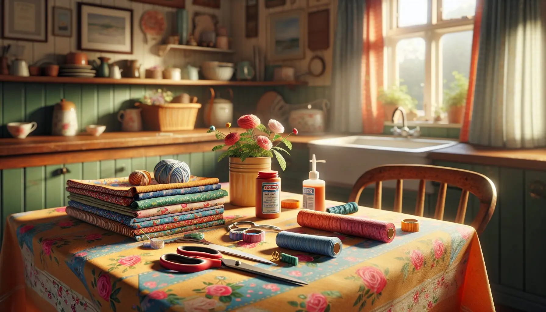 Generate an image of simple colorful fabric pieces, scissors, and fabric glue on a cheerful tablecloth.