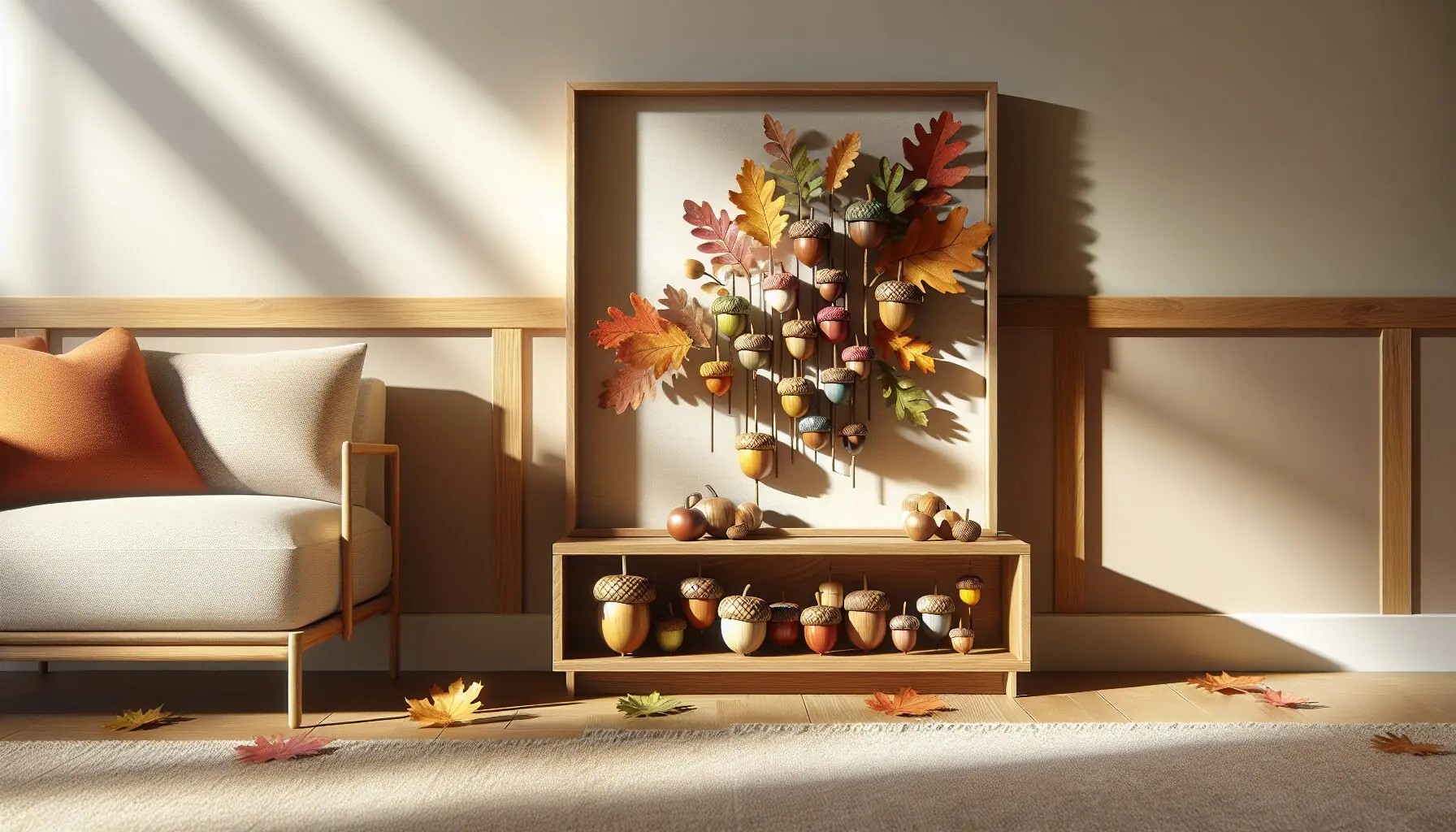 Generate an image of a cozy family room, showcasing acorn art displayed on a shelf.