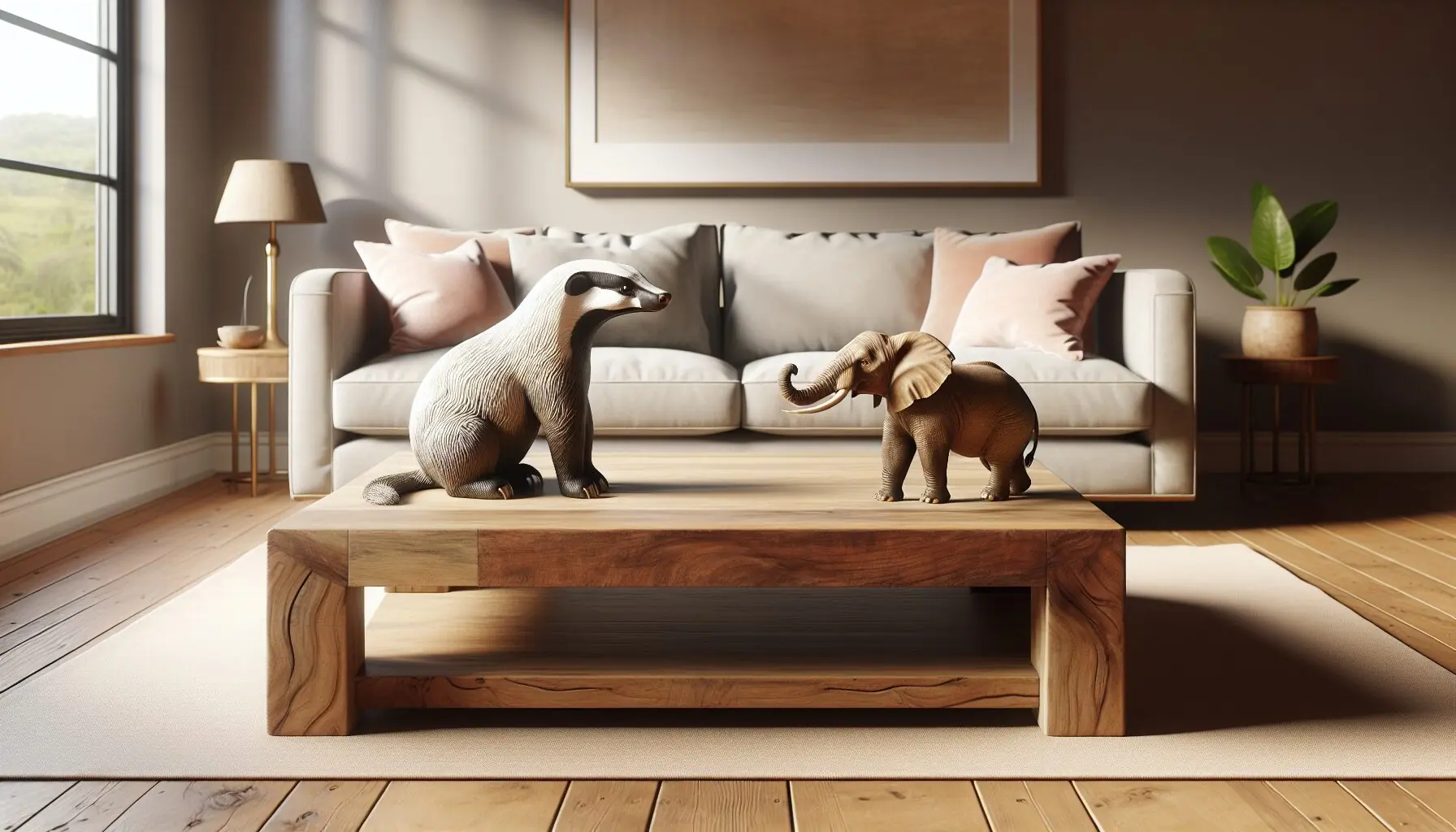 Generate an image of a honey badger and an elephant in a wild setting, symbolizing bravery.