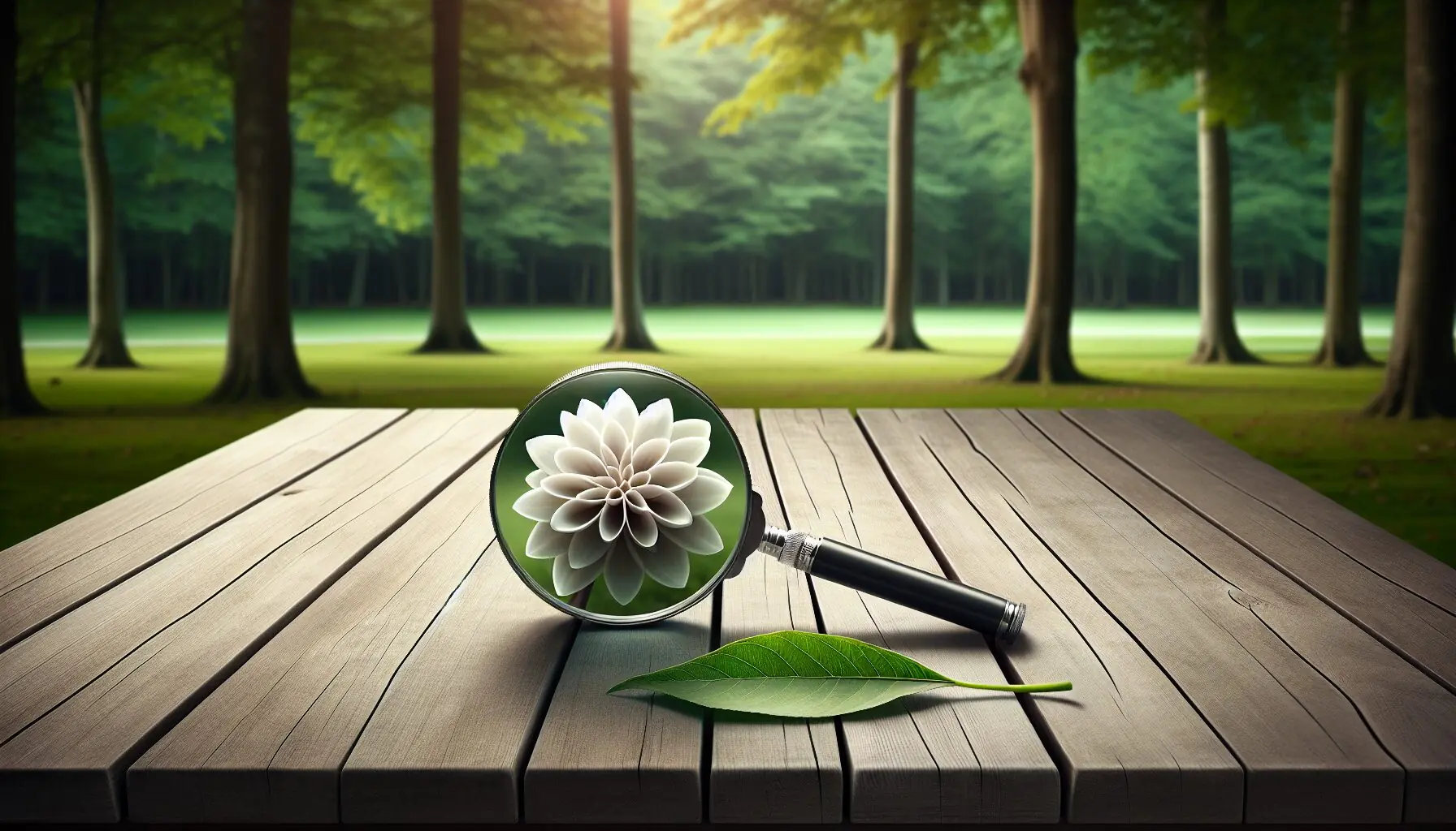 Generate an image of a child with a magnifying glass examining a symmetrical flower in a park.