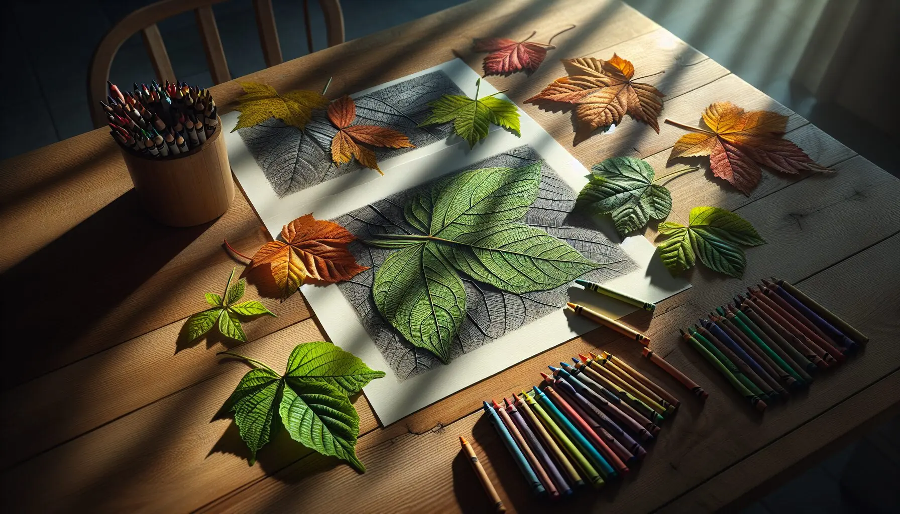 Generate an image of a leaf rubbing artwork in progress on a table surrounded by crayons.