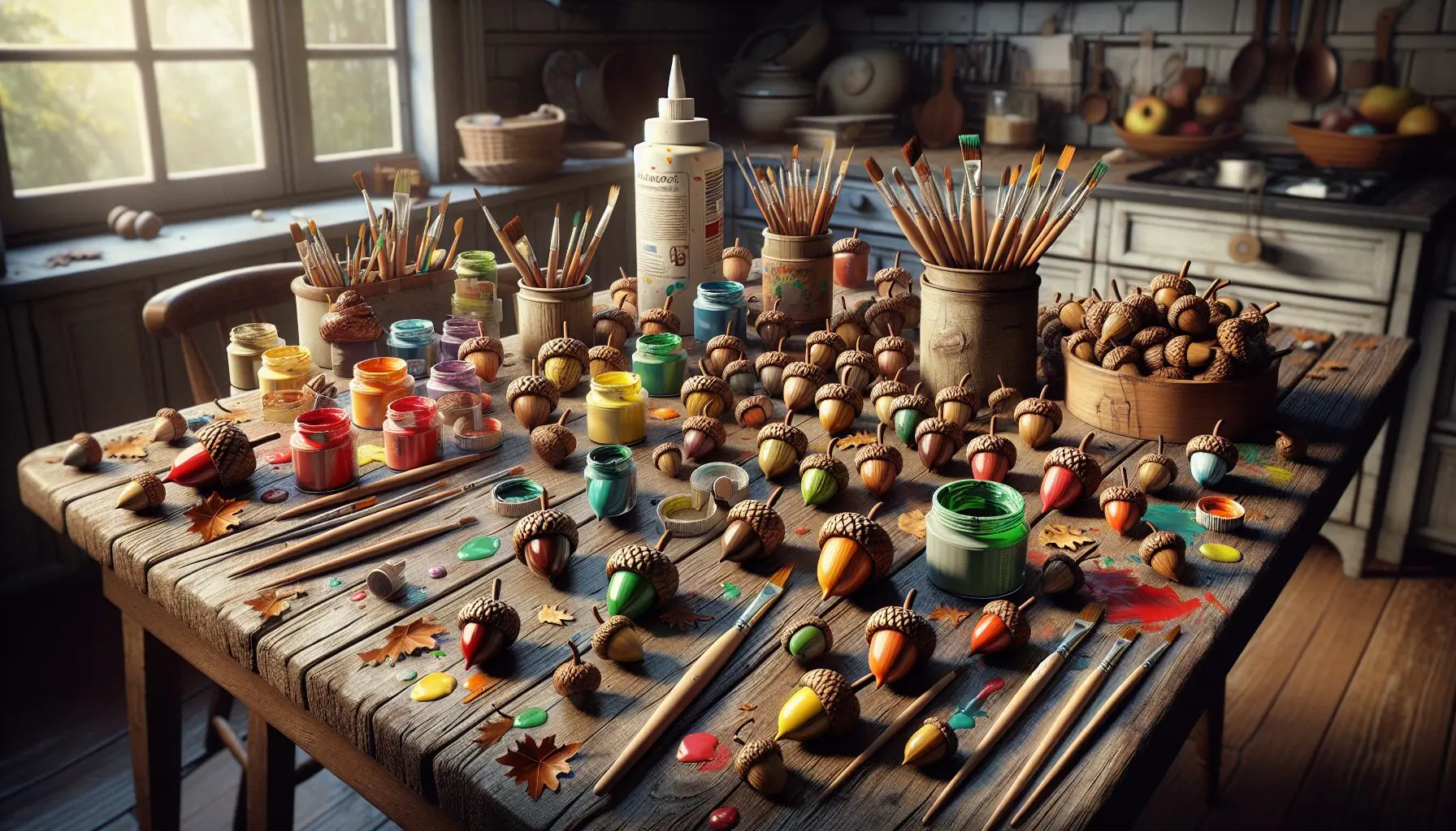 Generate an image of a child’s art area with brushes, glues, and completed acorn art.