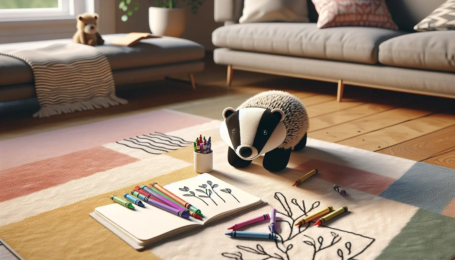 Generate an image of colorful crayons, a notebook, and a plush toy honey badger on a play mat, depicting the storytelling scene.