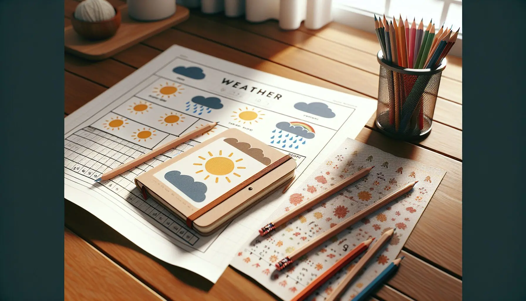 Generate an image of a simple weather chart with symbols like sun, cloud, and raindrops.