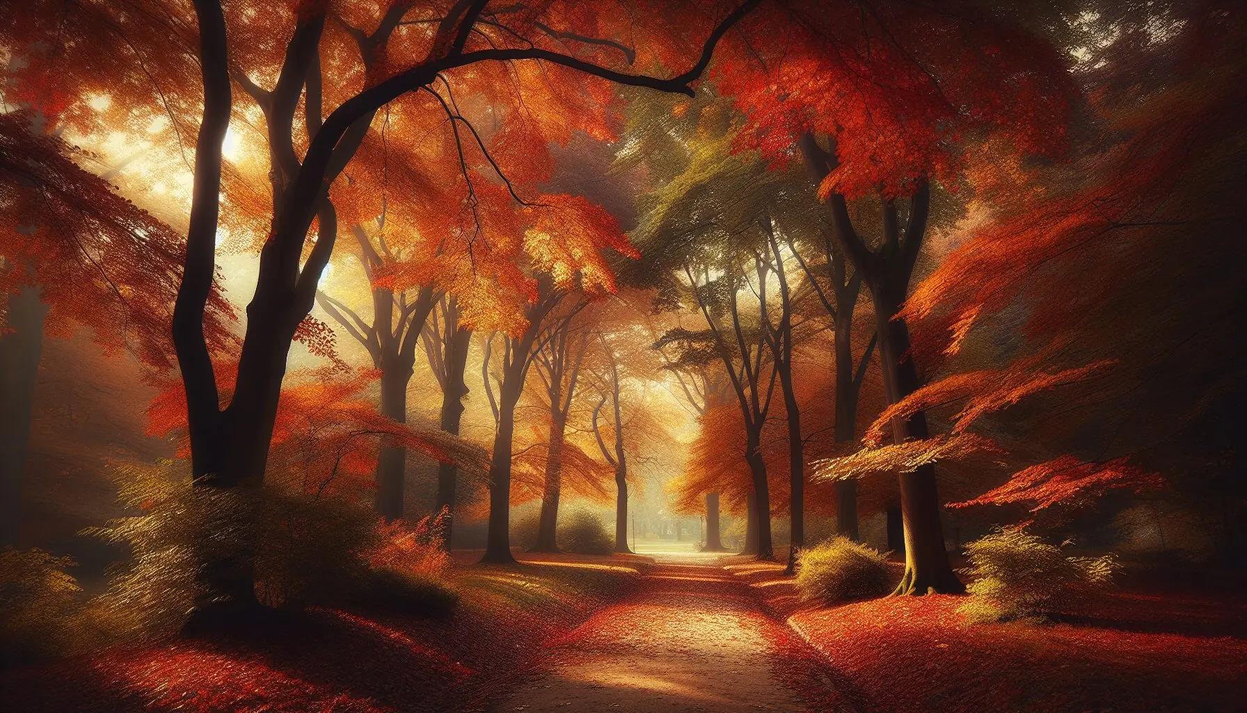 Generate an image of a vibrant autumn landscape, showcasing various trees and a serene park path.