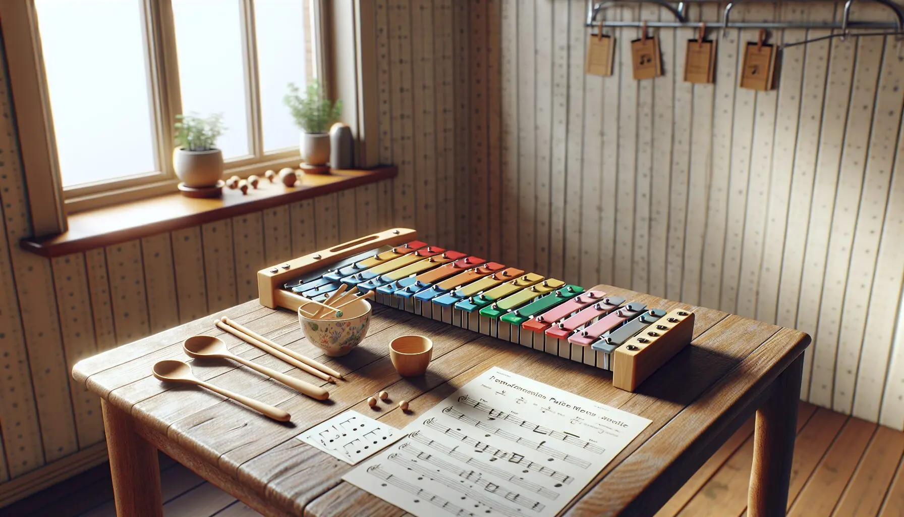 Generate an image of a simple xylophone, note pattern cards, and printed examples of familiar melody titles on a wooden table.