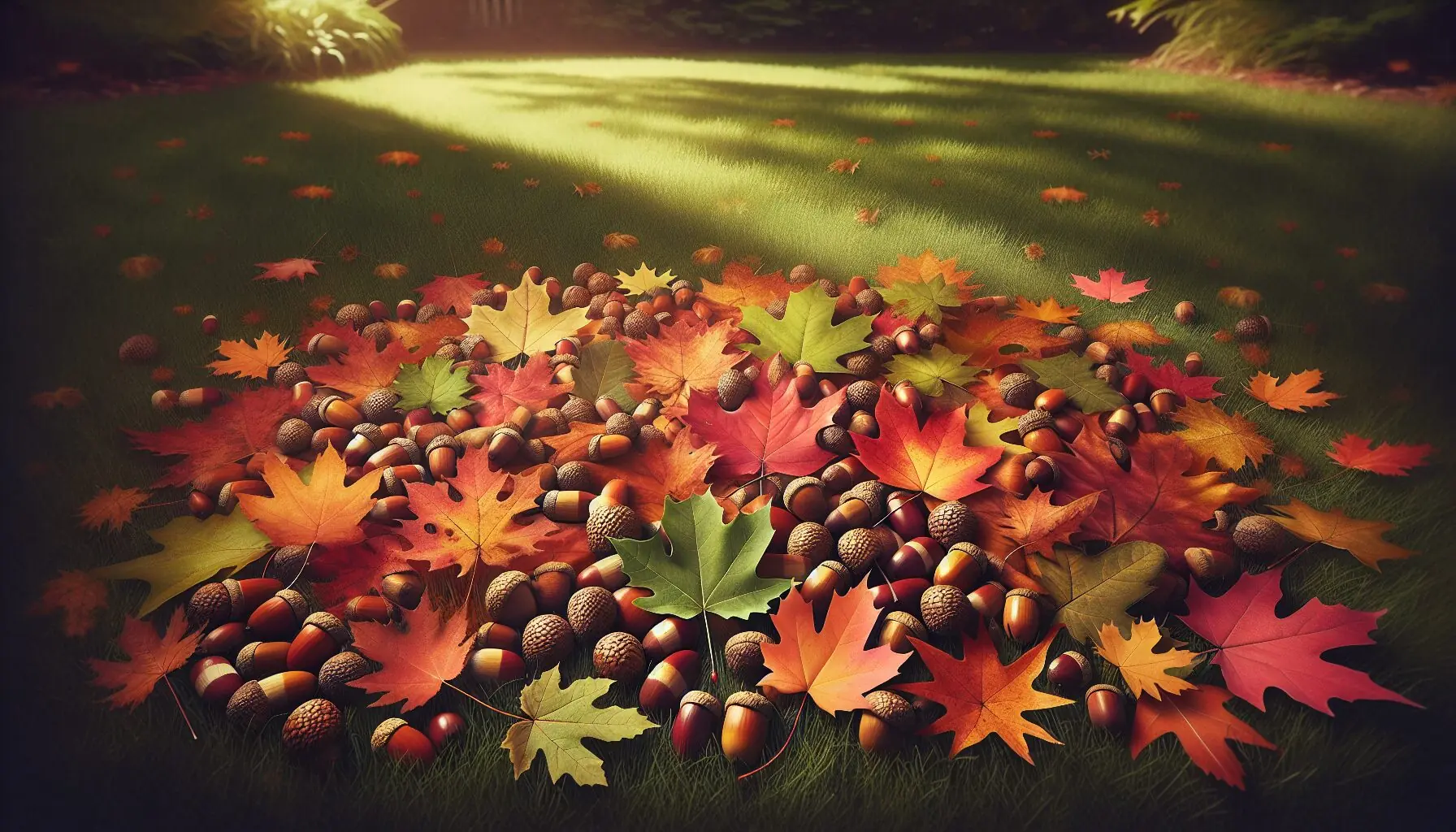 Generate an image of assorted autumn leaves and acorns scattered on grass.