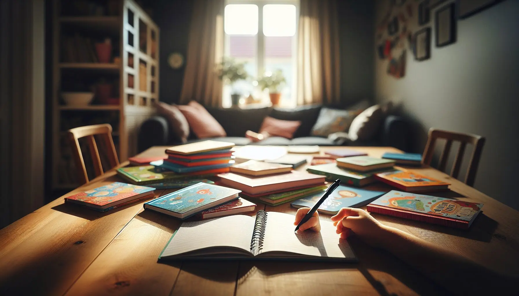 Generate an image of a child’s hand writing in a notebook, surrounded by children’s storybooks, highlighting learning benefits.