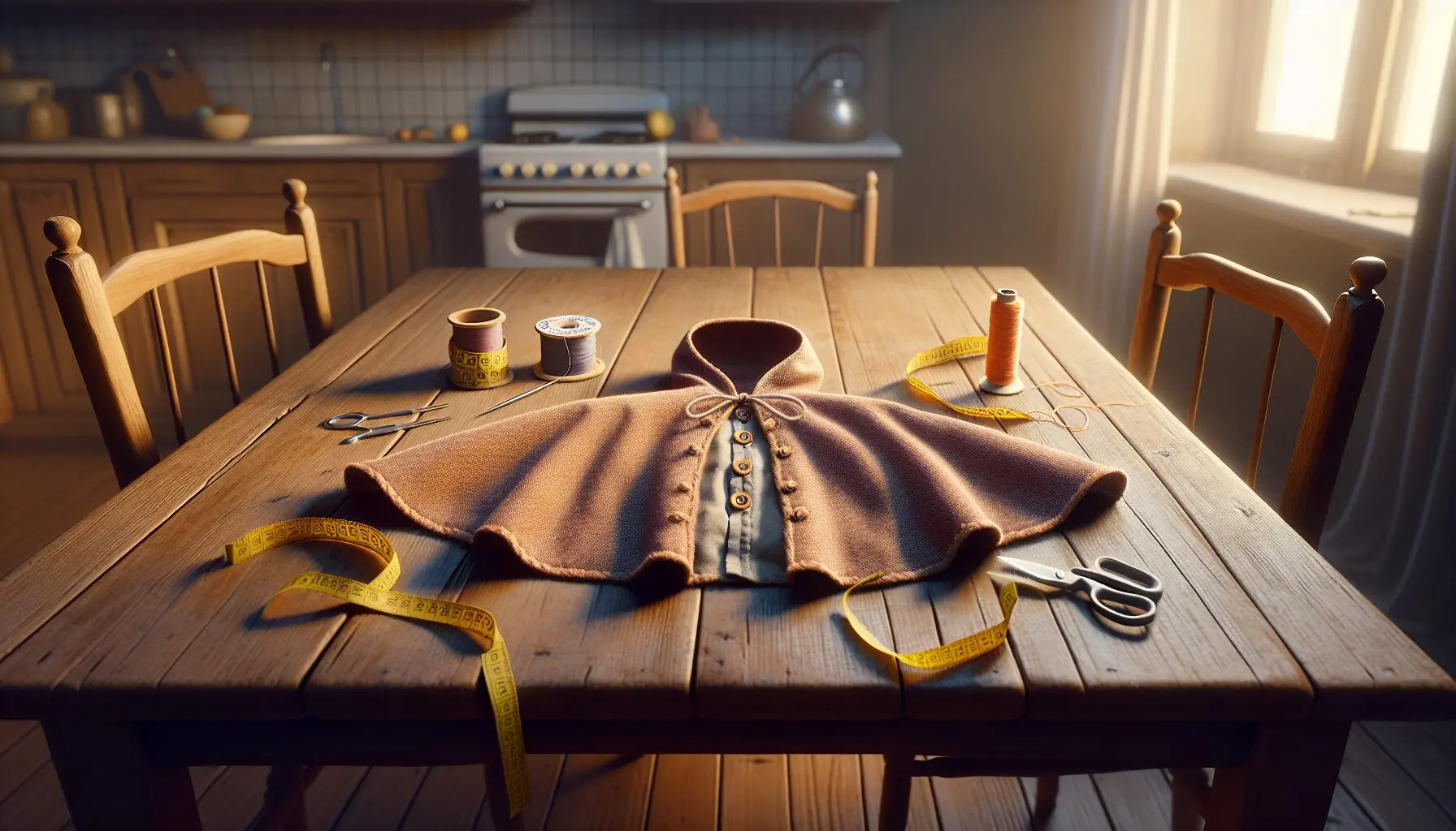 Generate an image of a child-sized cape with Polish words for sewing elements pinned to it, like ‘nić’ and ‘igła’.