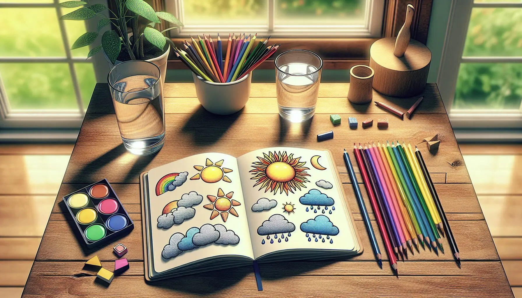 Generate an image of two cheerful figures holding a weather journal with sunny and cloudy symbols.