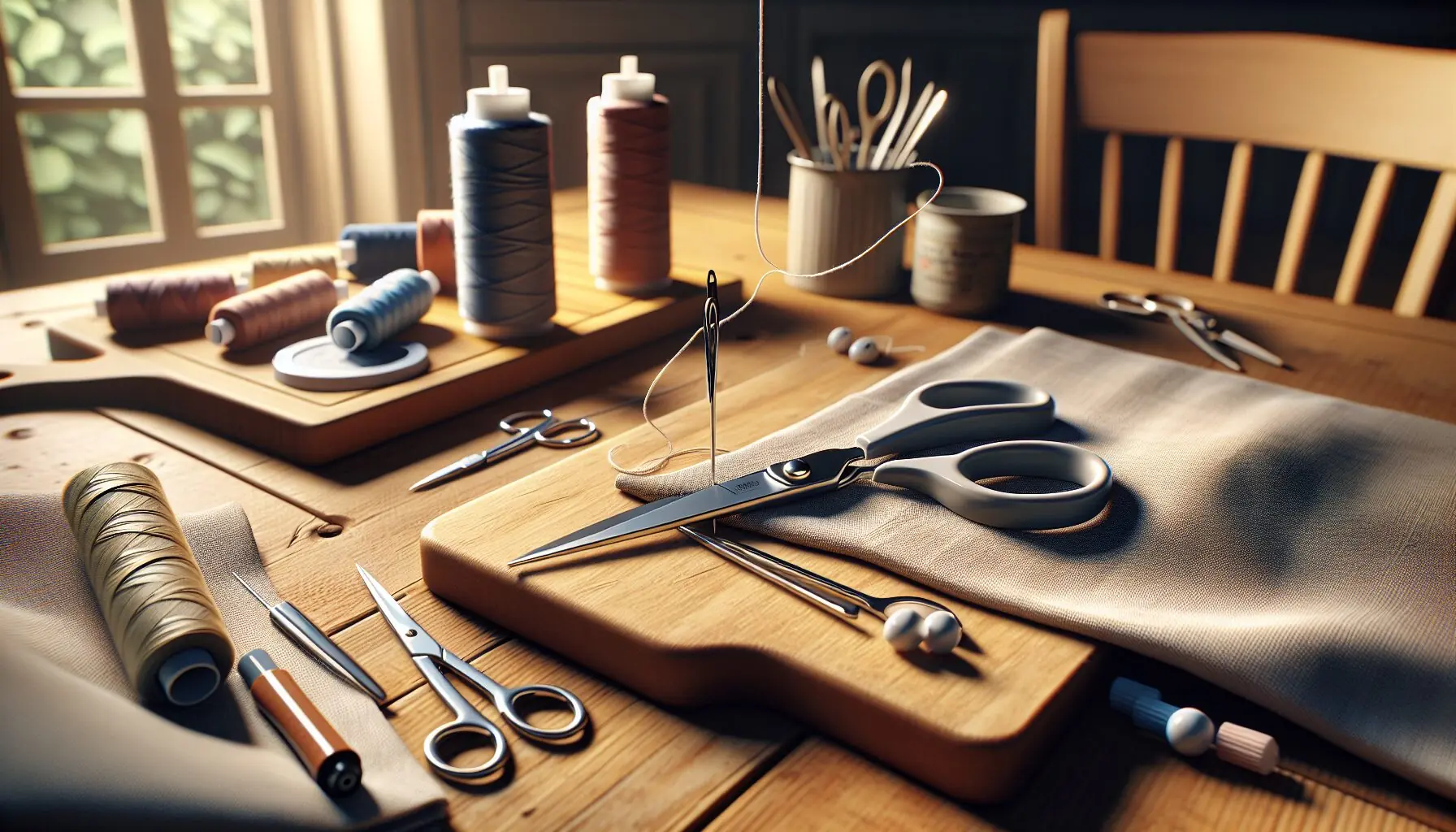 Generate an image of a scissors cutting fabric with sewing notions like needle and thread, highlighted with polish words.