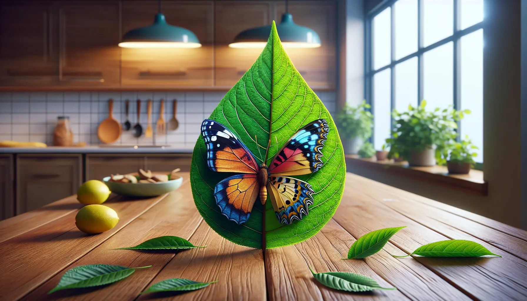 Generate an image of a vibrant butterfly and green leaf with clear symmetrical halves.