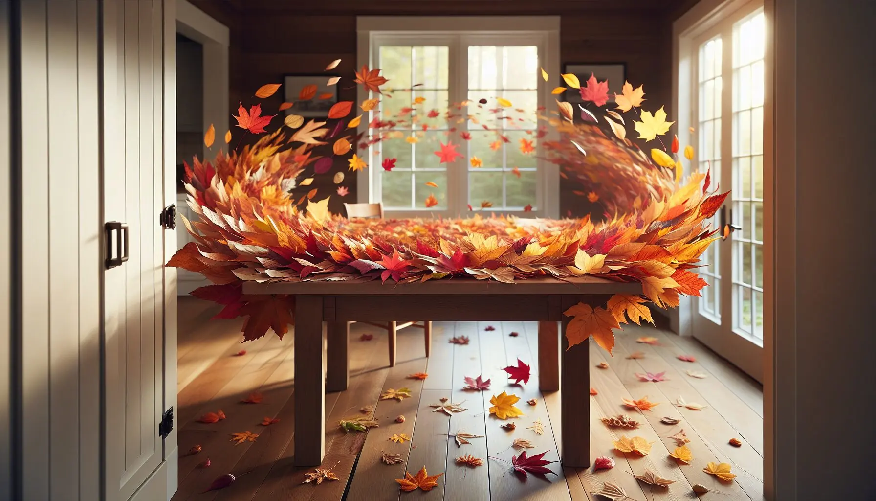Generate an image of a collection of autumn leaves with rich, varied colors scattered on a wooden table.