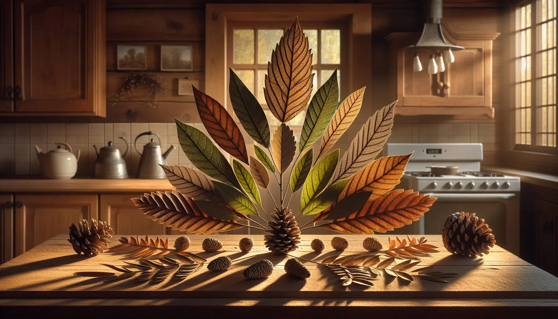 Generate an image of various symmetrical natural objects like a row of leaves and a pinecone.