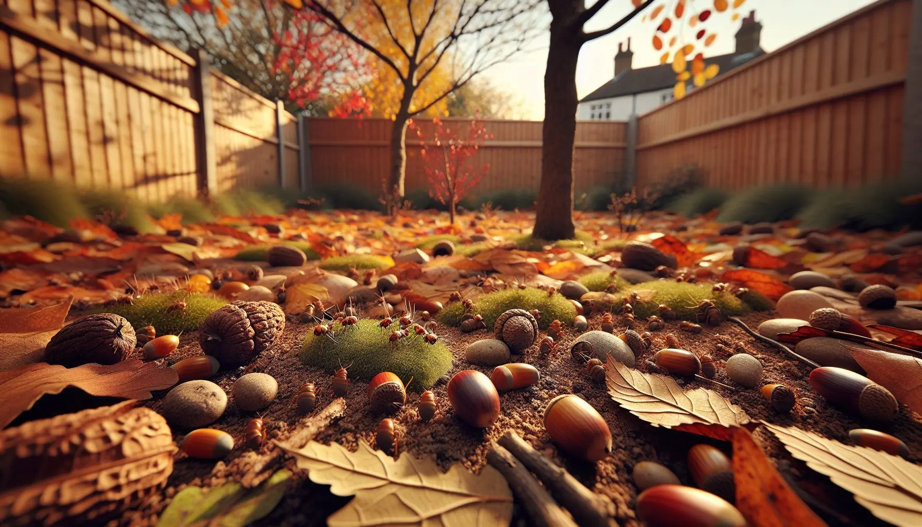 Generate an image of a vibrant autumn landscape with leaves on the ground, highlighting nature's beauty as insects prepare for winter.