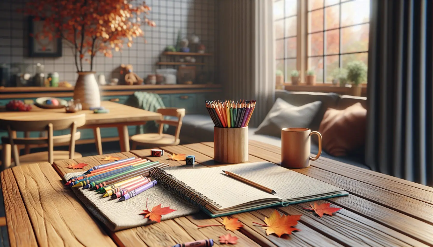 Generate an image of a colorful notebook and crayons set against an autumn leaves background.